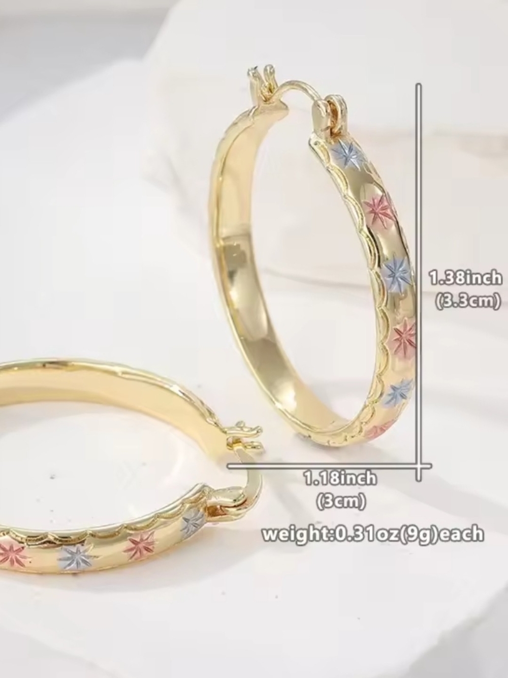 Gold Plate 14 K. Floral Enamel Hoop Earrings - Multi-Color Stars
